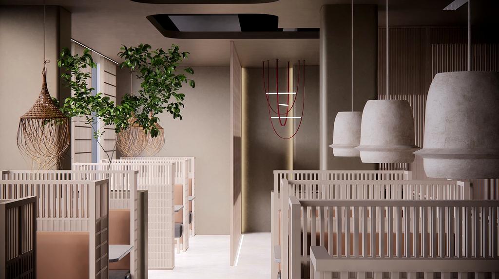 Intérieur élégant du restaurant nofybia avec tables dressées